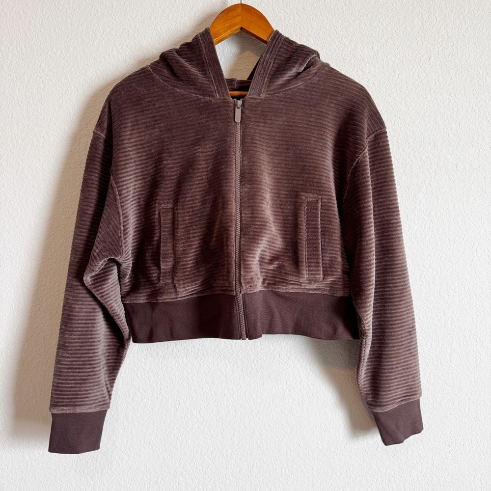 Nuuds Women's Chocolate Brown Velour Ribbed Hooded Zip Up Sweatshirt Size Medium